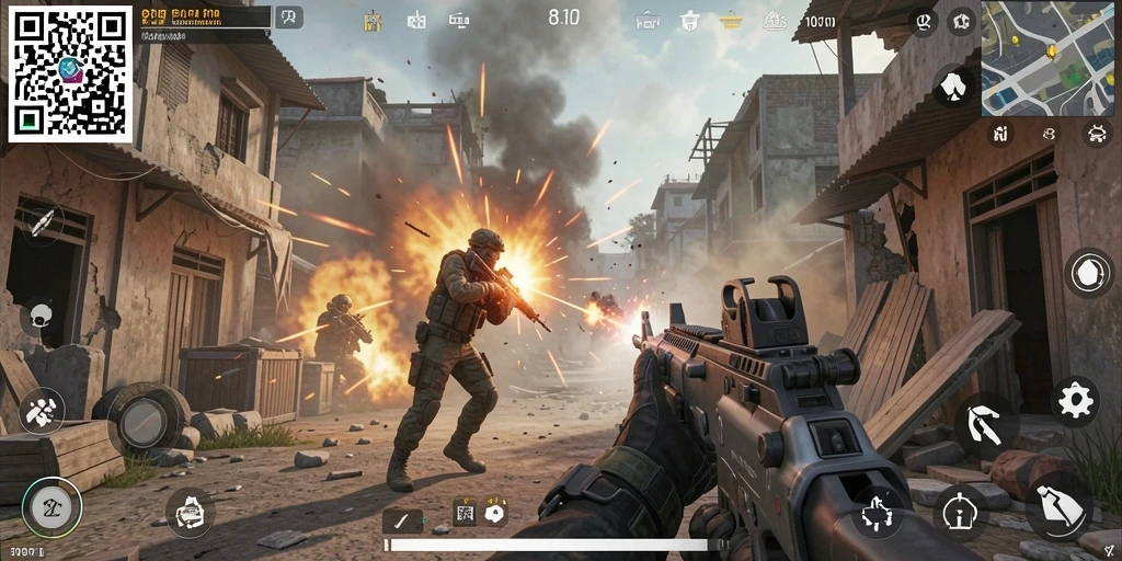 Tangkapan layar <strong>8QR</strong> menampilkan aksi pertempuran yang mendebarkan dalam game FPS.