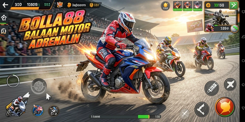 Screenshot gameplay BOLA88 yang menampilkan balapan motor yang intens.