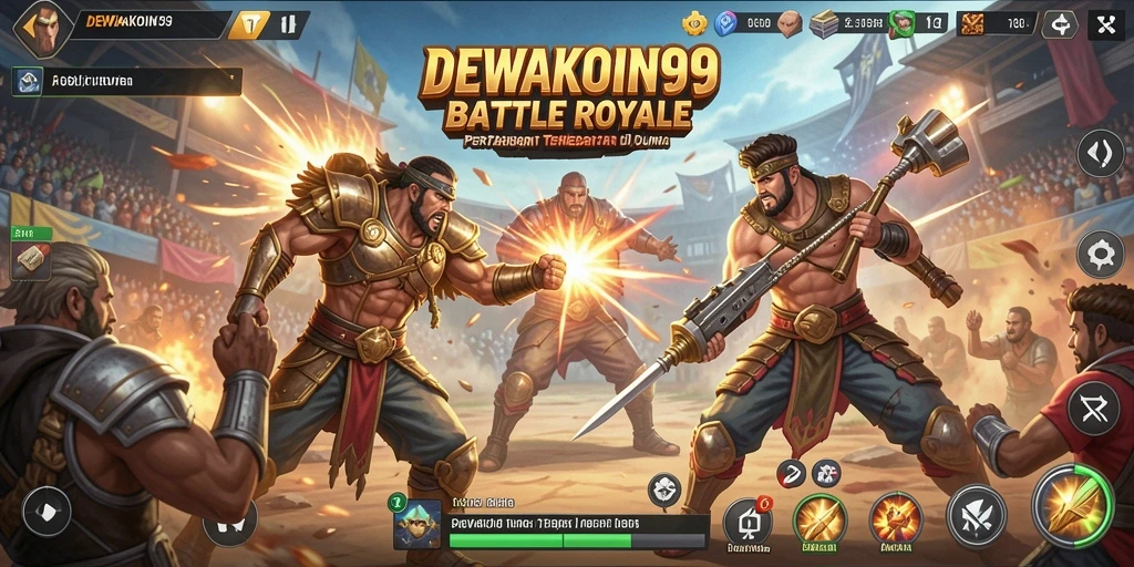 Screenshot gameplay DEWAKOIN99 dengan aksi mendebarkan di arena Battle Royale.