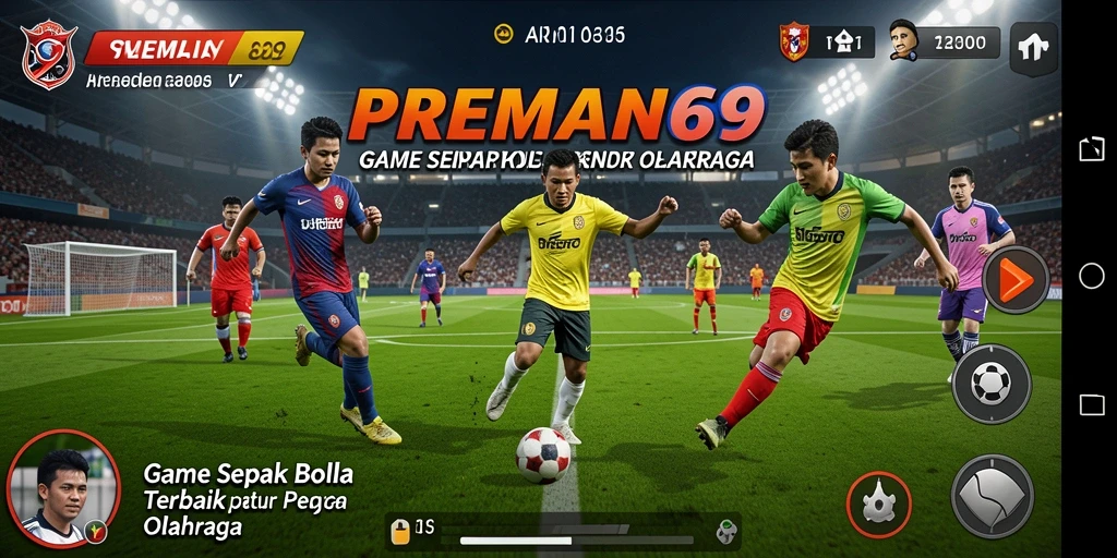 Tampilan layar utama <strong>PREMAN69</strong> yang menampilkan berbagai aksi sepak bola yang mendebarkan.