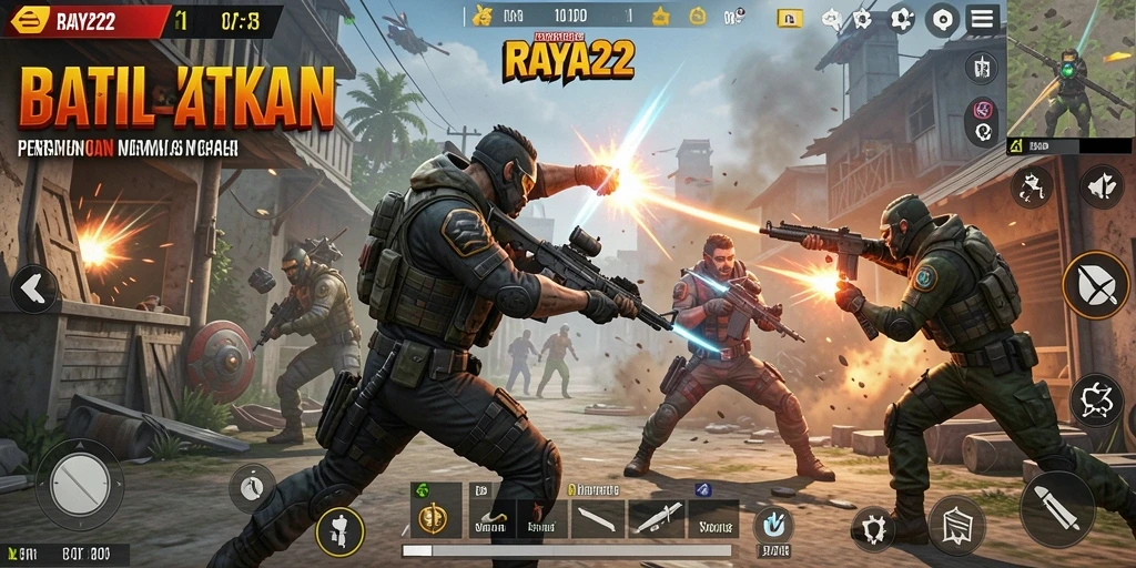 Screenshot gameplay RAYA22 menampilkan aksi seru di arena Battle Royale.
