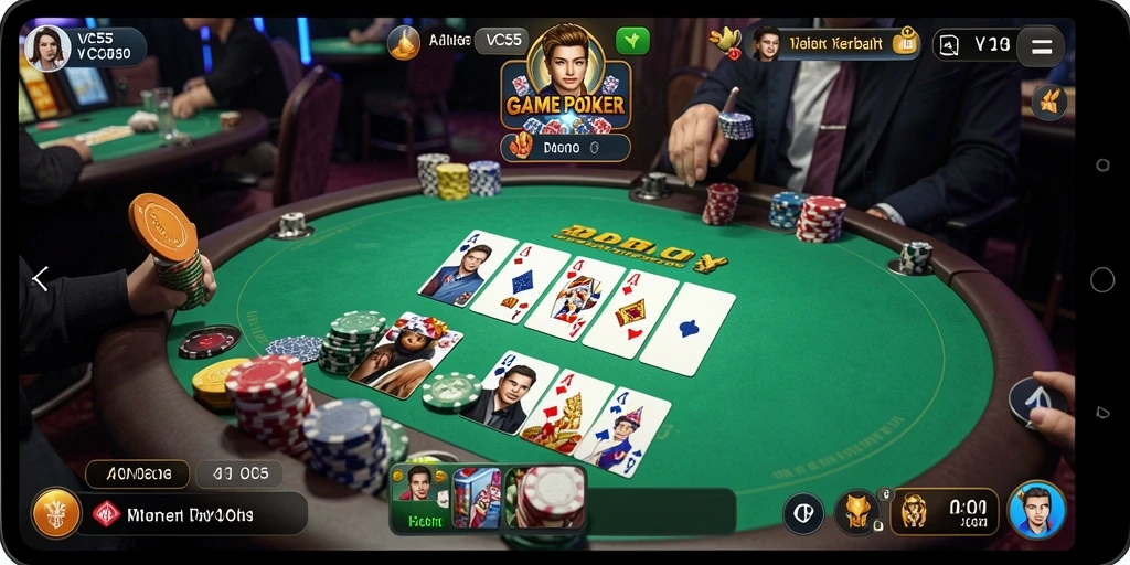 Screenshot gameplay utama VC55 menampilkan pengalaman Poker yang mendebarkan dan menyenangkan.
